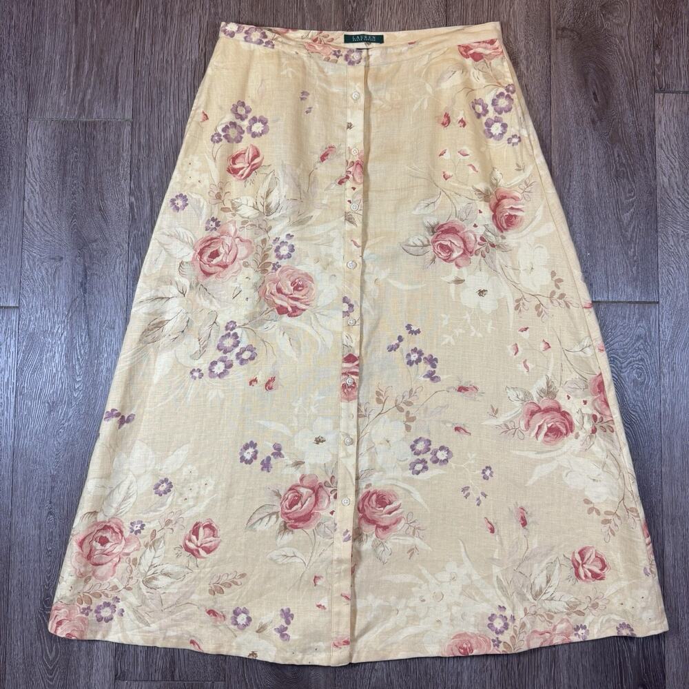 Ralph Lauren Linen Button Front Midi Skirt Beige 10 Cottagecore Resort
